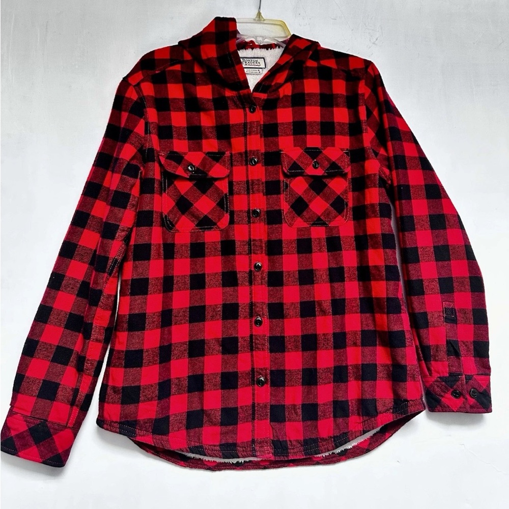 Boston Traders Sherpa Shacket Shirt Jacket hoodie Woman’s MEDIUM Red Black Plaid
